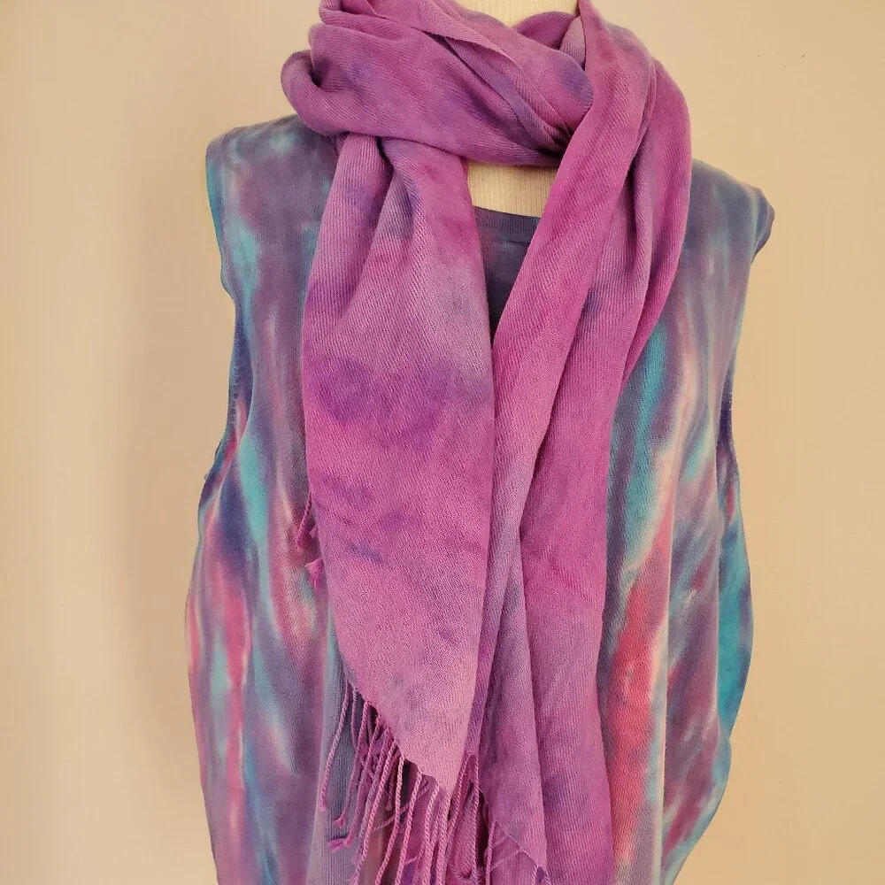 NEW Cashmere merino oversized Scarf Wrap tie dyed brunello blue purple pink XL